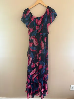 Express Off The Shoulder High Low Maxi Dress Size Small Vacation Tropical Flowy thumbnail 5