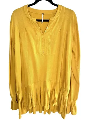 Free People Summer Struttin Mini Dress Golden Yellow Henley Waffle Ruffle Medium thumbnail 1