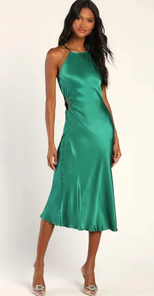 Lulus Green Satin Cutout Midi Dress thumbnail 4