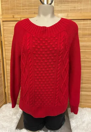 Ralph Lauren Chaps Sweater Women Red Chunky Cable Knit Fisherman Ribbed top M thumbnail 1