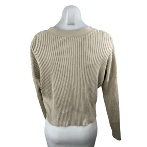 Abercrombie & Fitch Beige Ribbed V Neck Long Sleeve Crop Cardigan Sweater Top L thumbnail 2