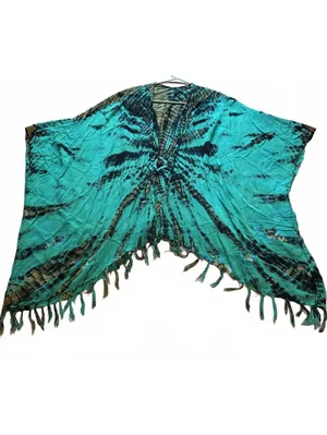 Boho Teal Turquoise Tie Dye Asymmetrical Fringe Kimono Poncho Wrap Cover Up thumbnail 5