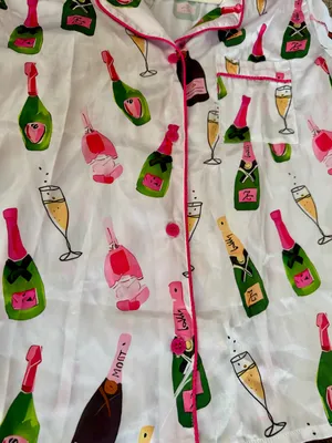 Champagne Bottle Print Silk Pajama Set White thumbnail 4