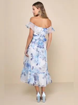 Lulus Sweet Composure Blue Floral Organza Off Shoulder Midi Dress Medium New NWT thumbnail 3