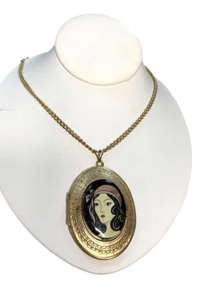 Vintage Art Deco Gold-Tone Oval Locket Necklace With Painted Lady Portrait thumbnail 1