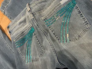 7 FOR ALL MANKIND Sparkly Turquoise Mid-rise Flared Dojo Trouser Jeans | Size 28 thumbnail 4