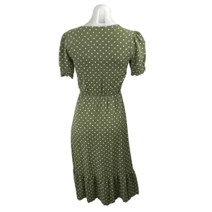 Zara Womens Green Polka Dot V Neck Puff Sleeve Button Midi Flare A-Line Dress XS thumbnail 4