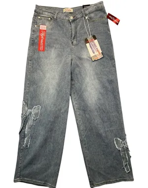 Red Bottoms Women High Waisted Relaxed Straight Rhinestone‎ Bow Jeans 16 (34x30) thumbnail 1