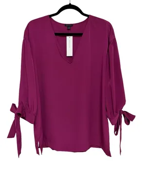 NEW Ann Taylor V-Neck Tie Sleeve Popover Blouse in Dark Pink - Size M thumbnail 1