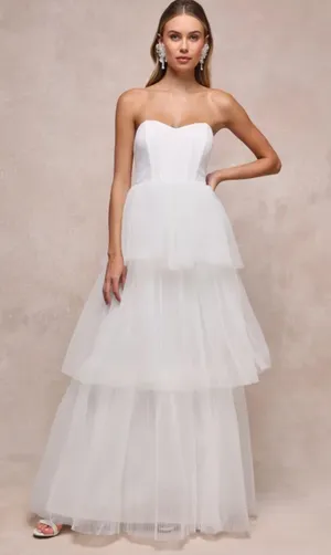 White Tulle Tiered Strapless Gown Size XS thumbnail 1