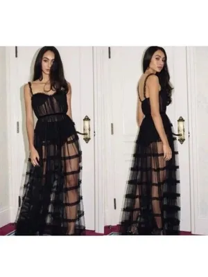 NWT Sau Lee Camille Tulle Ruffle Gown 4 Black Sheer Tiered Bustier Aline thumbnail 3