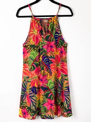 SHEIN Dress Women L Tropical Floral Jungle Print Halter Tie Neck Midi thumbnail 2