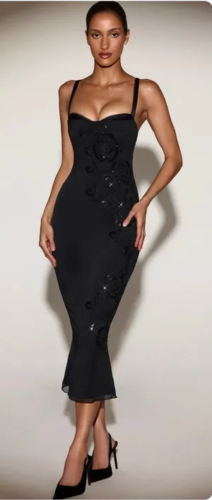 Oh Polly Cherelle Embelished Peekaboo Fluted Hem Midmax Dress Size 6 Black thumbnail 1