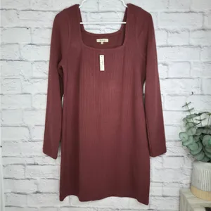 NWT Madewell Ribbed Bodycon Mini Dress Large Burgundy Square Neck Long Sleeve thumbnail 2