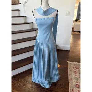 PrettyLittleThing Light Blue Drop Waist Neck Scarf Pleated Maxi Strapless Dress thumbnail 2