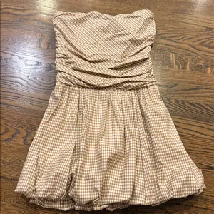 Reformation Clea Anzo Check Strapless Beige Gingham Bubble-Hem mini dress, 6 thumbnail 4