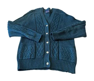 Lady‎ Avon Kenneth Gordon Teal Wool Cable Knit Cardigan Sweater Womens Large thumbnail 1