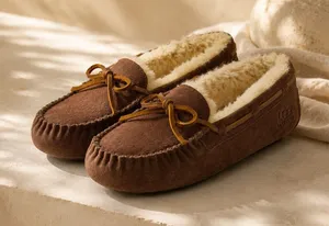 UGG Womens Shearling Lined Chocolate Brown Suede Moccasin Slippers Size 6 thumbnail 1