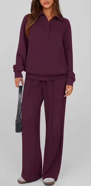 PRETTYGARDEN Women 2Piece Outfit Sweatsuits Quarter Button Long Sleeve Dark Red thumbnail 1