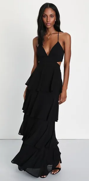 NWT Lulus Tier and Now Black Tie-Back Tiered Maxi Dress Wedding Prom Bride XXS thumbnail 1