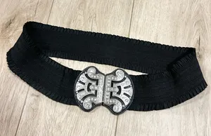 Chicos Black Elastic Stretch Belt Ornate Rhinestone Silver Tone Buckle Wide S/M thumbnail 1
