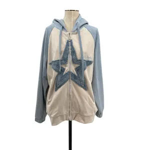 Aelfric Eden‎ Star Patchwork Zip Hoodie Blue Beige Suede Streetwear Size Medium thumbnail 3