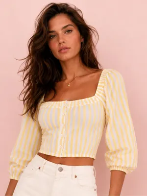 Forever 21 Gingham Crop Top Puff Sleeve Cottagecore Smocked Cotton Vaca Summer L thumbnail 1