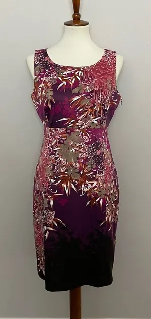 Tahari Dress Sheath Floral Botanical Leaves Lined Sleeveless Fuchsia Pink Purple thumbnail 1