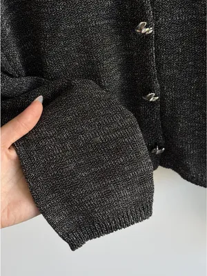 Zara Black Silver Metallic Knit Cardigan Statement Buttons Size L thumbnail 9