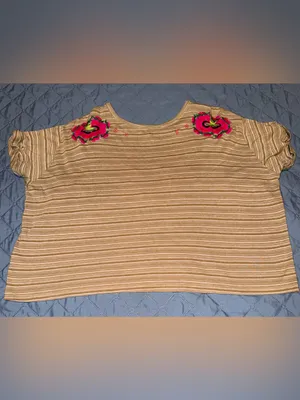 Free People Beige Striped Crop Top with Neon Floral Embroidery-mushroom combo thumbnail 5