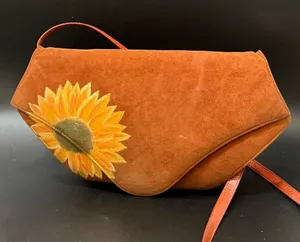 Vintage CHARLES JOURDAN Brown Suede Leather Hand-painted Sunflower Crossbody Bag thumbnail 1