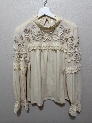 Anthropologie Gemma Embroidered Lace Blouse Medium Cottagecore thumbnail 3