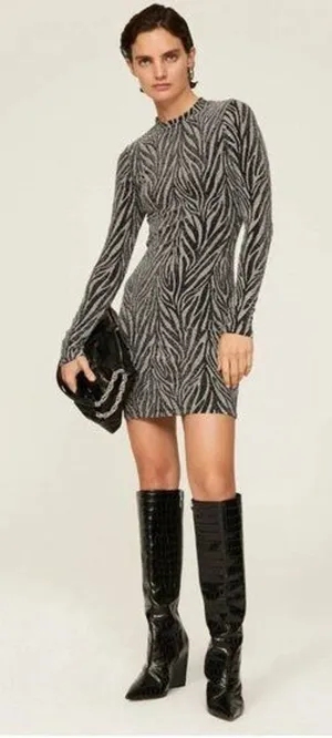 RTR sz 8 all saints Amaya silver black zebra print dress metallic fitted bodycon thumbnail 1