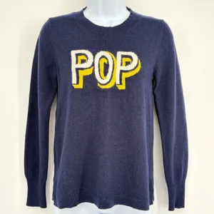 J.Crew‎ Cashmere Sweater Women SM Navy Blue Pop Art Graphic Intarsia Knit Top thumbnail 1