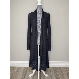 FREE PEOPLE Black Navy Striped Sweater Maxi Cardigan Duster 100% Cotton XS thumbnail 3