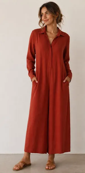 Free People Jumpsuit Womens XS Rust Orange Boho Wide Leg Linen Blend Long Sleeve thumbnail 1