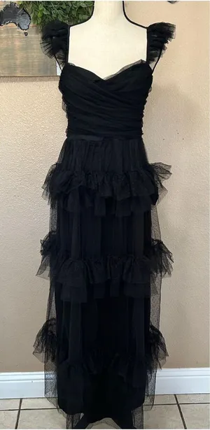 Lulus Black Swiss Dot Tiered Maxi Dress Open Back Mesh Formal Wedding Guest M thumbnail 1