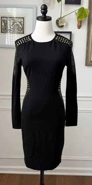 Cache Gold Stud Sheath Dress Long Sleeve LBD Dress 6 thumbnail 1
