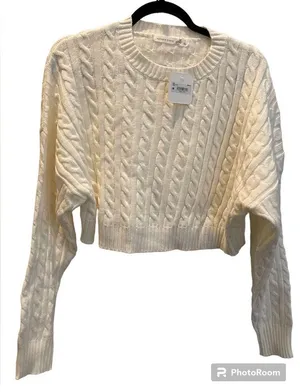 Altar'd State NWT Crew Neck Cable Knit Sweater Antique White Ivory Size L thumbnail 9