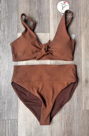 Ava & Viv Brown Ribbed Knot-Front High Waist Bikini thumbnail 1