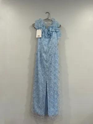Mac Duggal 21363 Blue Off The Shoulder Embellished Dress With 3D Flower Sz 8 thumbnail 5