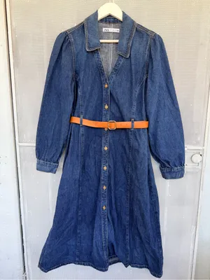 Zara Dark wester Blue Denim Midi Shirt Dress with Brown Belt thumbnail 10