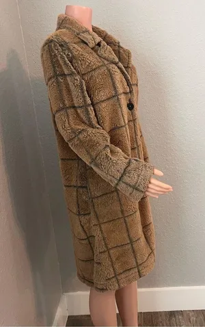 Fair Haven Plush Faux Fur Winter Sweater Coat Size Large Checkered plaid brown thumbnail 3
