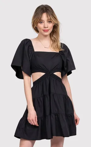 Free People Mini Dress Black Cross Of Sunlight Cutout Waist Smocked Tiered Small thumbnail 1