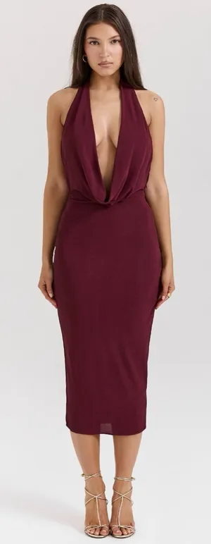 House of CB Florentina Merlot Draped Midi Dress L thumbnail 1