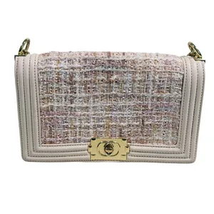 Tweed Boy Chain Shoulder Bag Purse Cream Pink Gold Preppy Old Money Coquette thumbnail 2