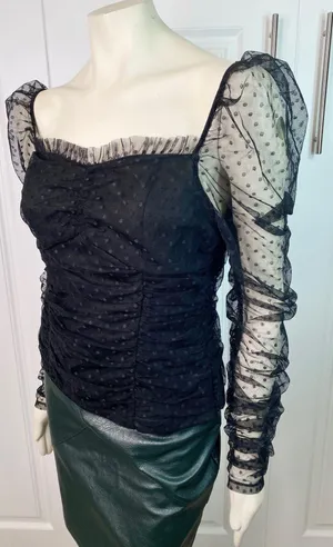 VICI Benefit Polka Dot Ruched Gathered Sleeve Mesh Tulle Top by Free the Roses thumbnail 17