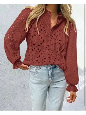 NEW Long Sleeve Button V Neck Hollow Out Lace Embroidered Shirt S thumbnail 4