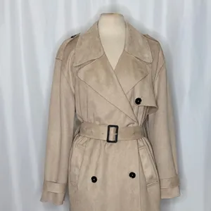 ZARA Faux Suede Trench Coat Belted Jacket Solid Tan Brown Pockets Outdoors Large thumbnail 3