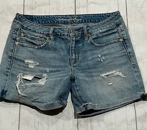 American eagle blue distressed denim shorts thumbnail 1
